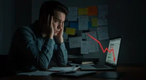 woman in front of a laptop, downward arrow in front of screen, falling credit score