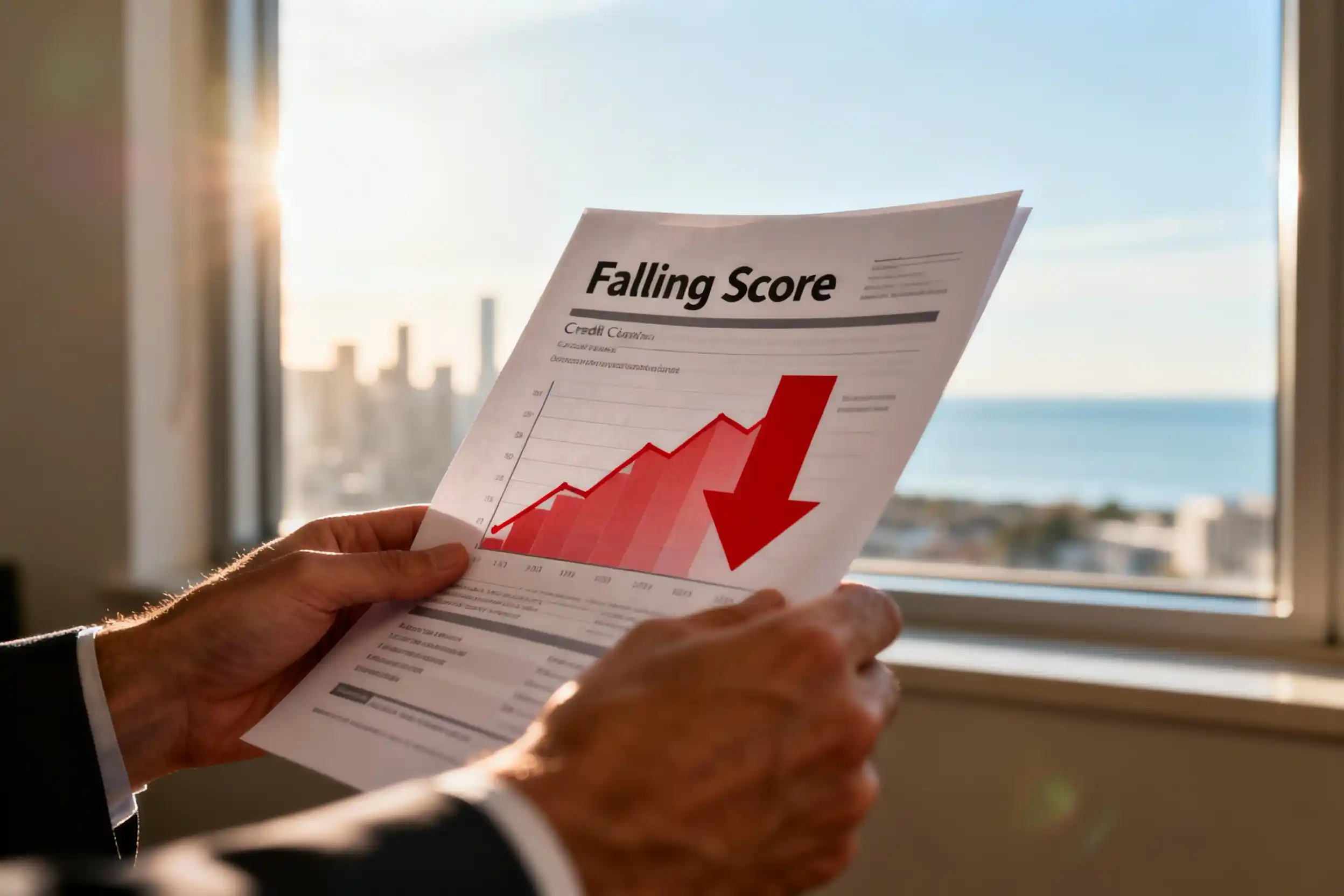 A person in a business suit holds a financial document labeled "Falling Score" with a line graph showing a general upward trend followed by a sharp downward arrow, symbolizing a sudden drop in a credit score. The background is a sunny cityscape outside a window.