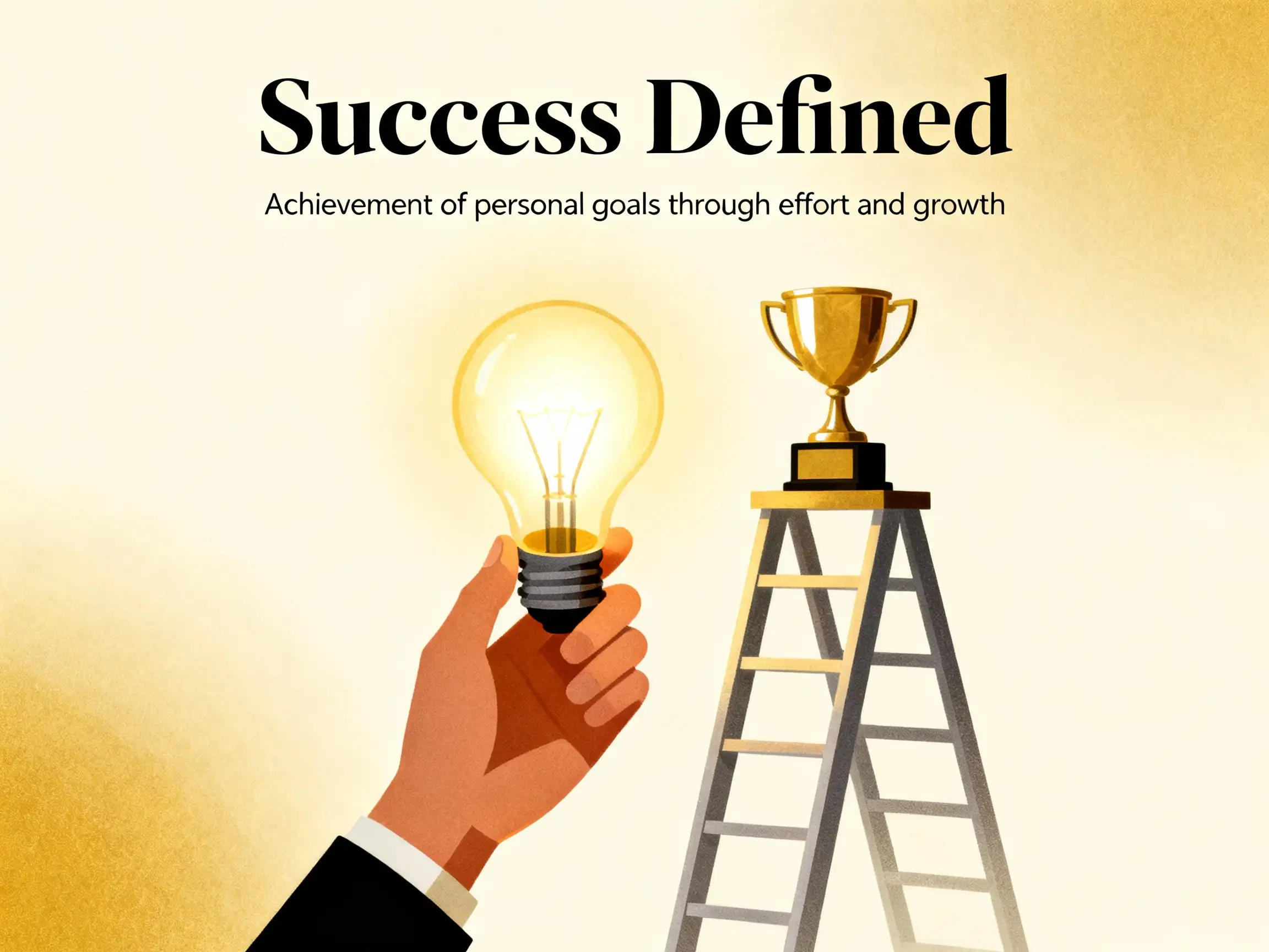A hand holding a glowing lightbulb (representing an idea or effort) next to a stepladder leading up to a golden trophy (representing achievement). The background is a soft, motivational gold gradient. Text overlay reads: "Success Defined. Achievement of personal goals through effort and growth."