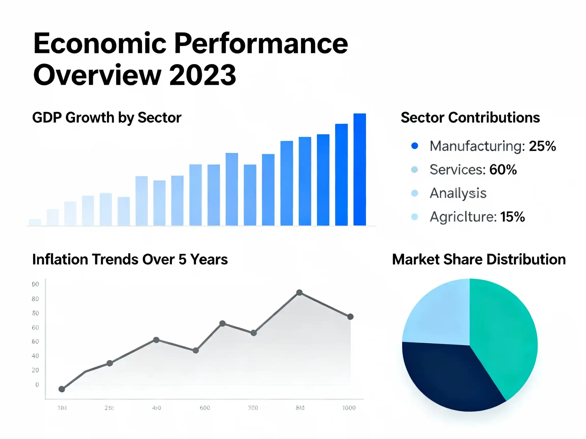 An infographic titled "Economic Performance Overview 2023" showing four sections: a bar chart for "GDP Growth by Sector," a line graph for "Inflation Trends Over 5 Years," a list of "Sector Contributions" (Manufacturing 25%, Services 60%, Analysis, Agriculture 15%), and a "Market Share Distribution" pie chart.