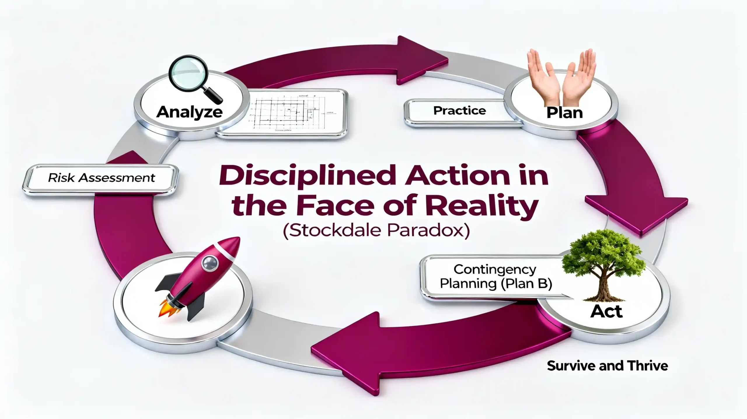 A circular flowchart illustrating the strategic process of "Disciplined Action in the Face of Reality (Stockdale Paradox)." Steps include Analyze, Risk Assessment (with a rocket icon), Contingency Planning (Plan B, with a tree icon), Act, Plan, and Practice, emphasizing the need to "Survive and Thrive."