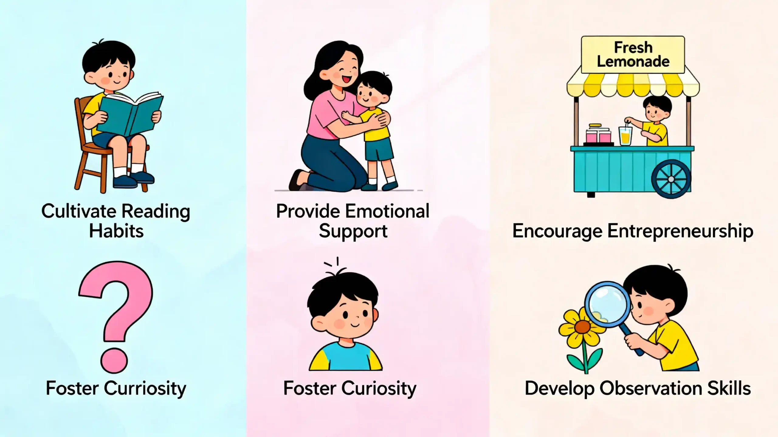A visual representation of five distinct icons or scenes (e.g., a child reading a book, a loving parent, a lemonade stand, a question mark, a magnifying glass) arranged in a list, symbolizing the five key tips for raising successful children.