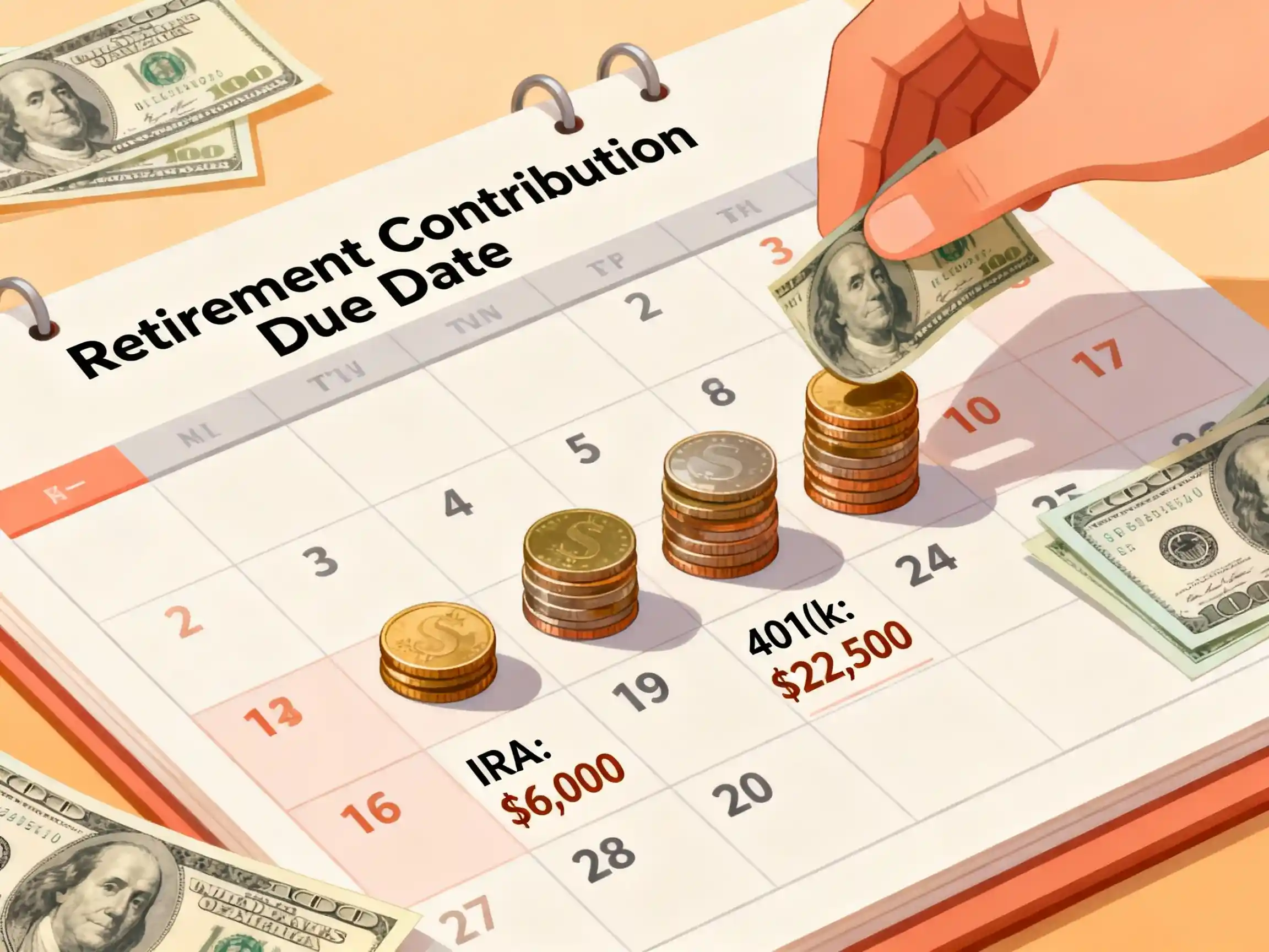 An illustration of a calendar marked with retirement contribution due dates and dollar amounts ($6,000 for IRA, $22,500 for 401(k)), surrounded by small stacks of coins or dollar bills being saved frequently, emphasizing the strategy of dollar-cost averaging through regular contributions.