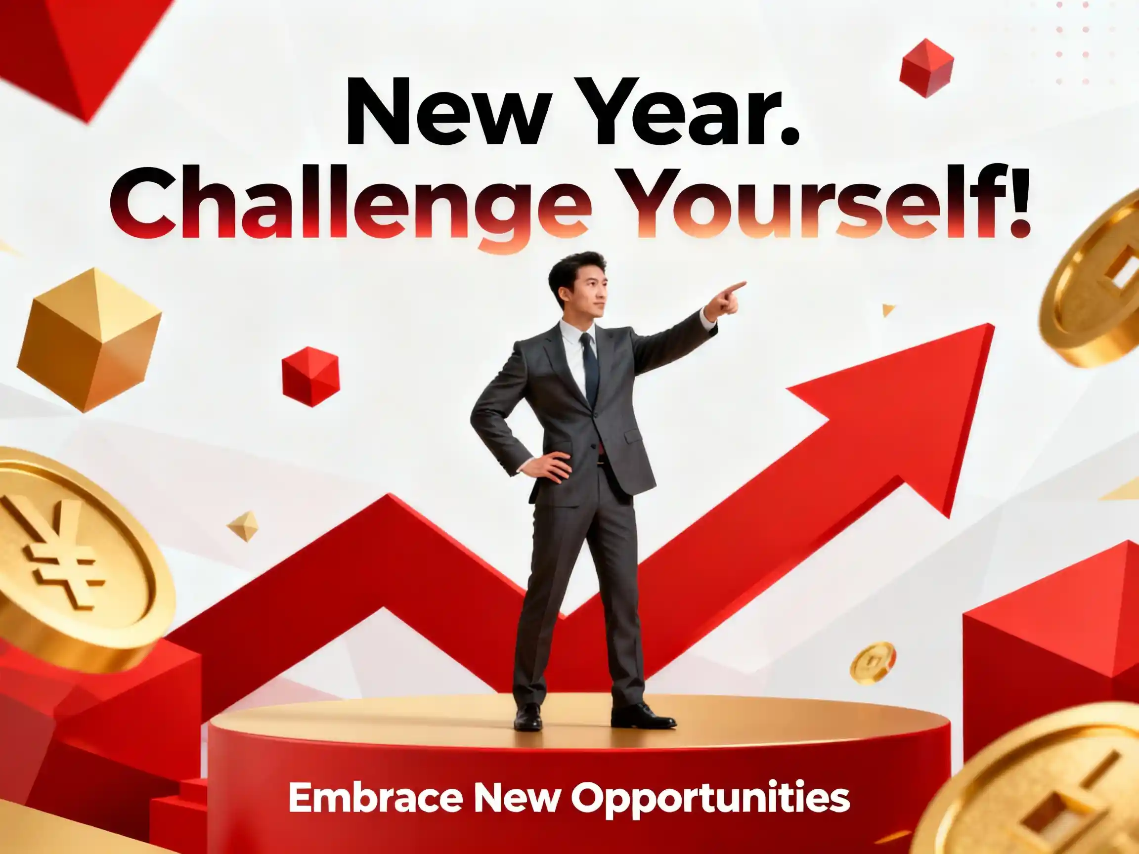 A dynamic, business-themed image showing a man in a suit standing confidently on a large, red, upward-pointing arrow against a white background with floating gold coins and red cubes. Text overlay reads: "New Year. Challenge Yourself! Embrace New Opportunities."A dynamic, business-themed image showing a man in a suit standing confidently on a large, red, upward-pointing arrow against a white background with floating gold coins and red cubes. Text overlay reads: "New Year. Challenge Yourself! Embrace New Opportunities."