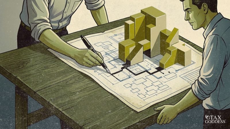 A stylized illustration of two people standing across from each other at a wooden table, reviewing a large blueprint. One person is using a black pen to draw or trace a path on the paper. Three-dimensional, yellow-green geometric blocks rise directly out of the blueprint's lines, resembling a growing building or chart. The Tax Goddess logo is in the bottom right corner.