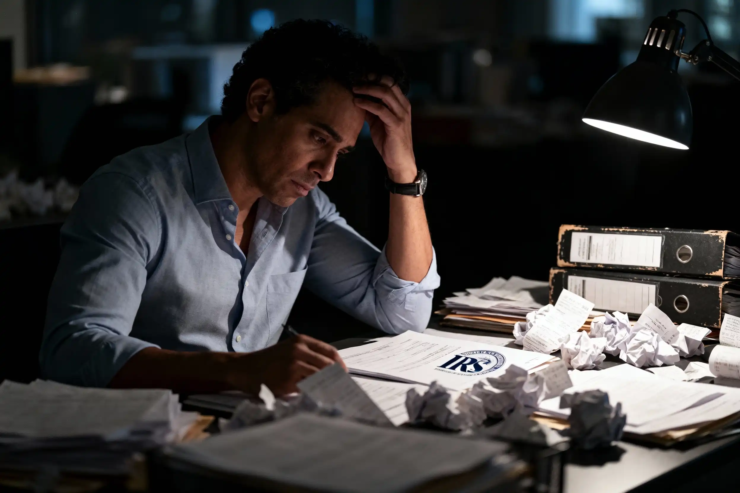 Stressed business owner sitting at a messy desk late at night, holding his head in despair while reviewing an IRS tax notice surrounded by crumpled papers and binders