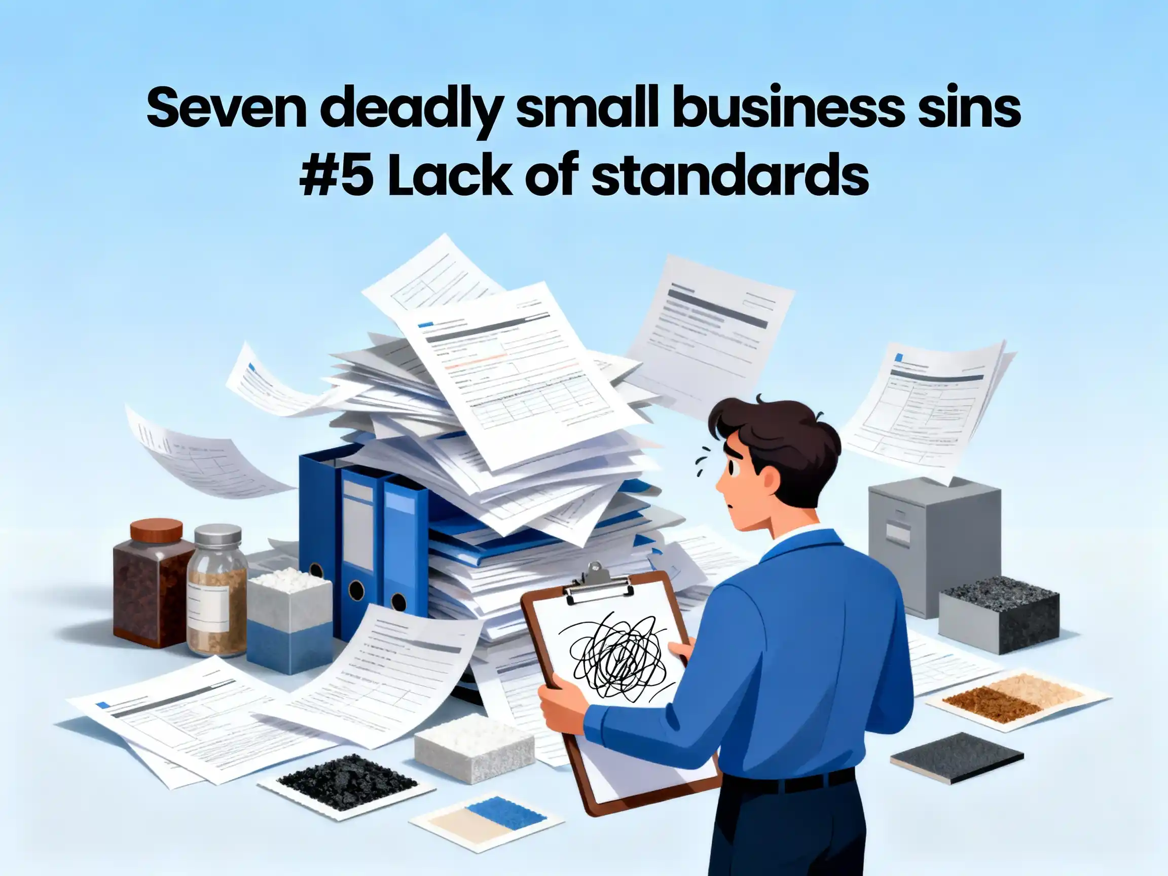 An illustration of a confused business manager standing in a cluttered office with a huge, unstable pile of disorganized paperwork and blue binders. The manager holds a clipboard with an illegible scribble, symbolizing a lack of clear business standards and inconsistent client experience.