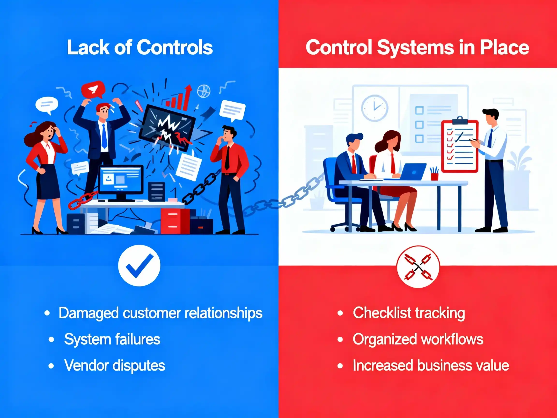 Comparison infographic illustrating 'Lack of Controls' versus 'Control Systems in Place' in a small business. The left side depicts a chaotic office with stressed employees, listing consequences like 'Damaged customer relationships' and 'System failures.' The right side shows an organized team using checklists, listing benefits like 'Organized workflows' and 'Increased business value'