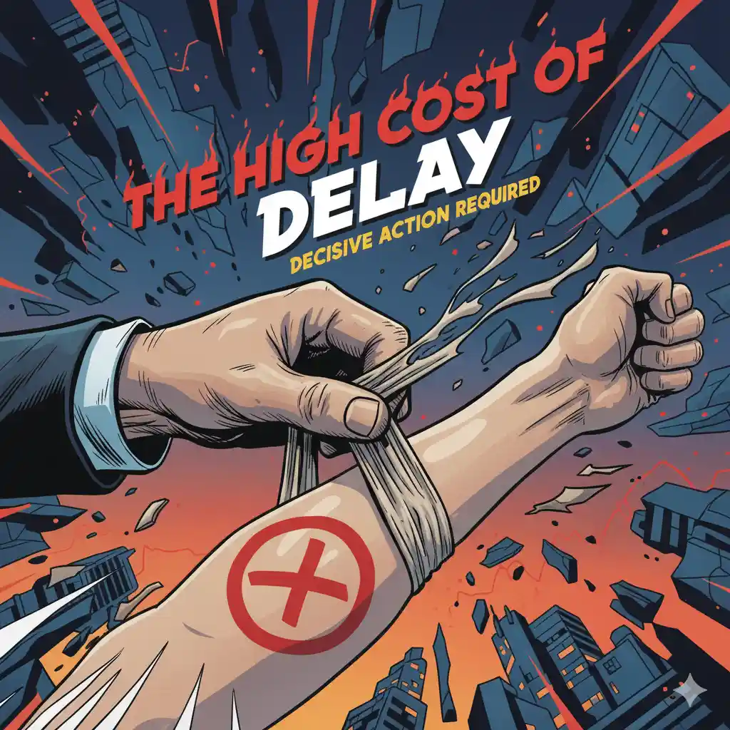 A dramatic illustration of a hand quickly ripping a large bandage off an infected wound, symbolizing the necessary speed and decisiveness required to terminate a problematic employee. Text overlay features a warning about the high cost of delay.