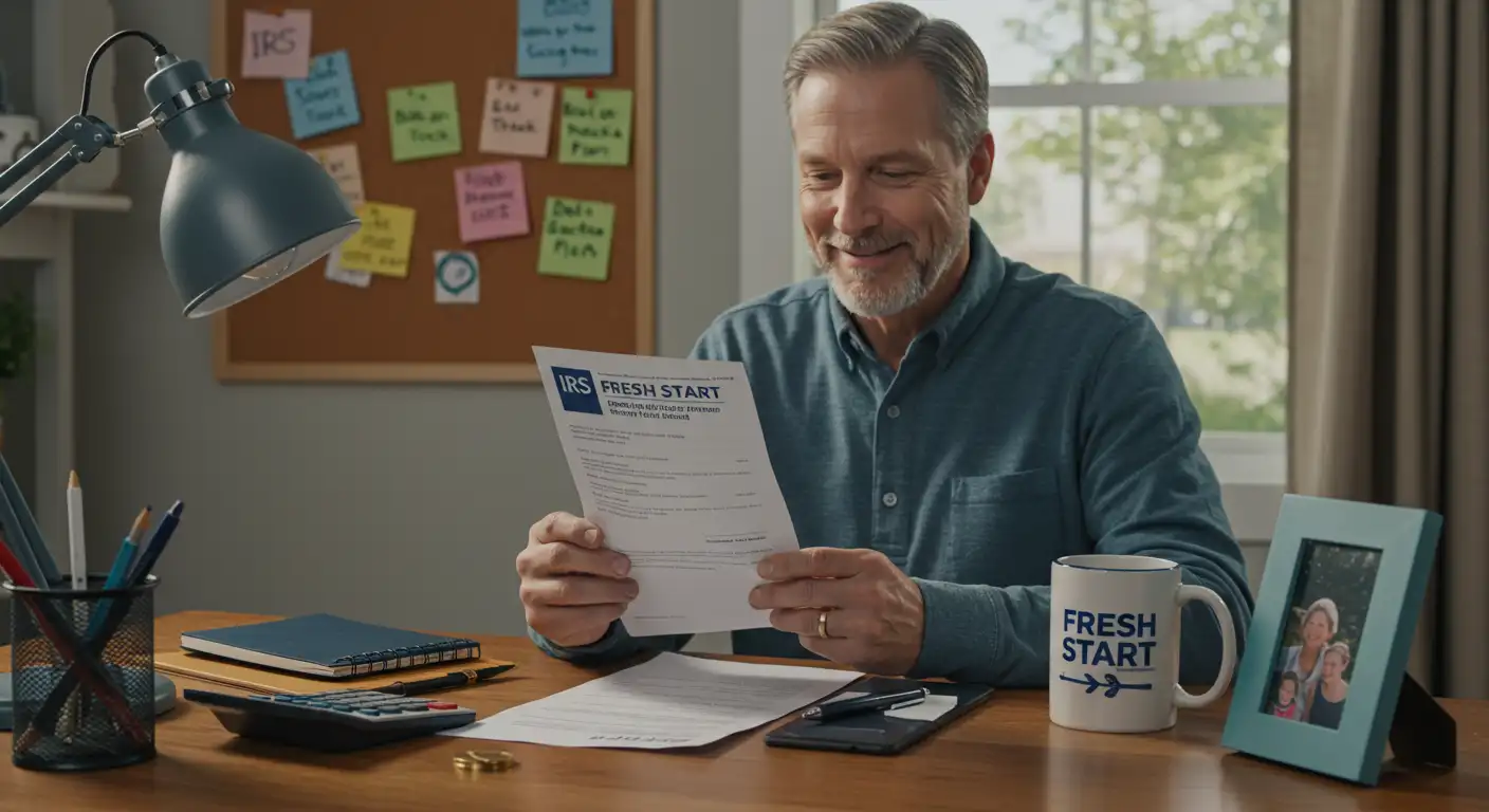 man sitting in his home office, holding a document, mug, picture frame