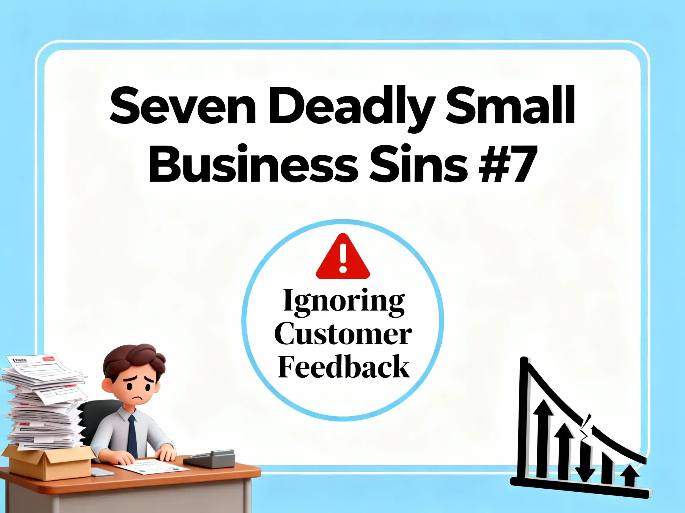 A sad, cartoon business character sitting at a desk piled high with paperwork. A circular warning sign with an exclamation point reads "Ignoring Customer Feedback." A declining bar graph in the corner symbolizes business failure.