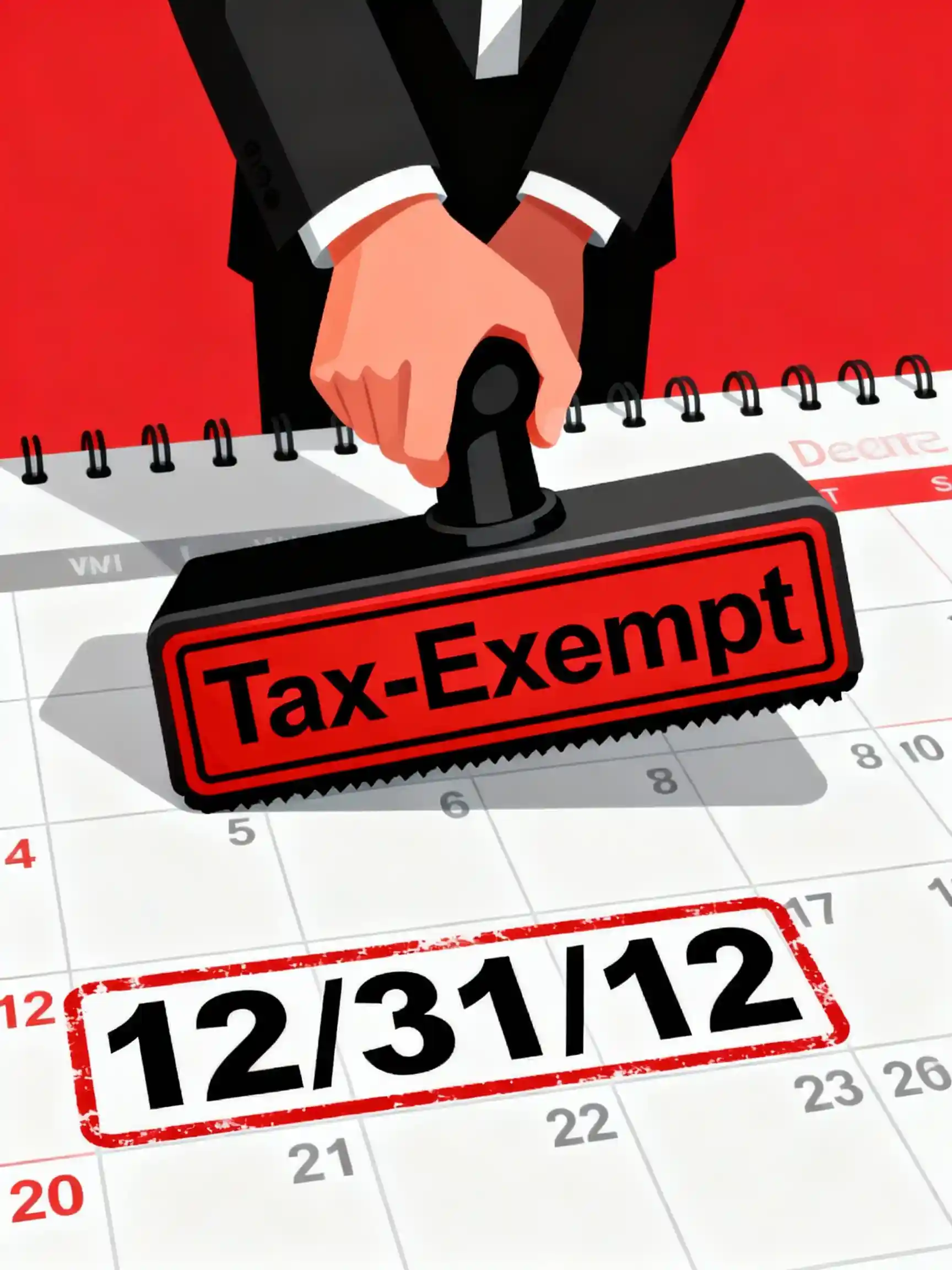 A graphic image of a person holding a large "Tax-Exempt" stamp or sign, overlaid on a calendar showing a deadline date of "12/31/12," symbolizing the temporary relief and application window for non-profit organizations.