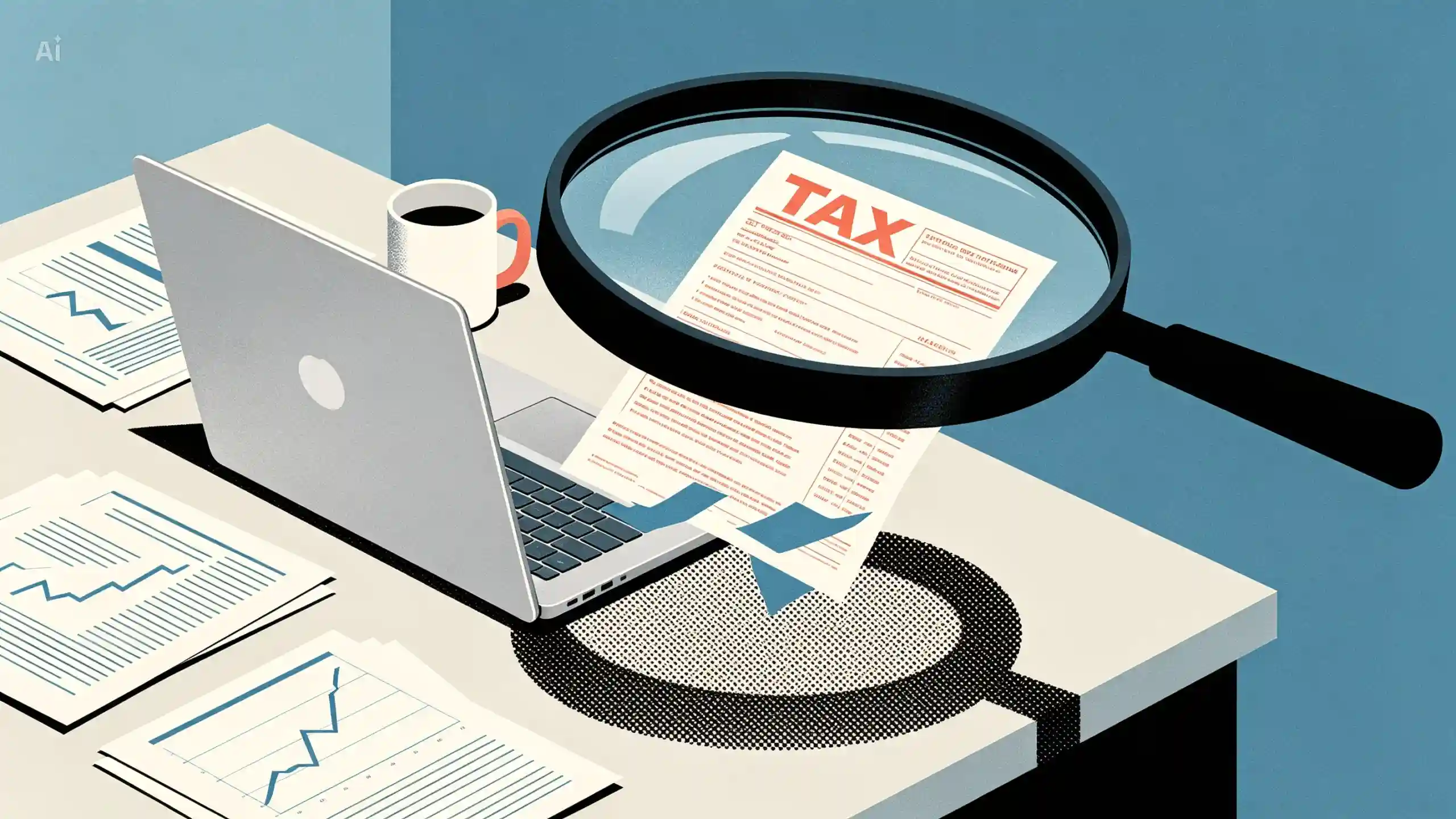 An illustration of a desk with an open laptop, a coffee mug, and stacks of papers displaying line graphs. A large magnifying glass hovers over the desk, focusing closely on a document with the word "TAX" printed in large red letters at the top.