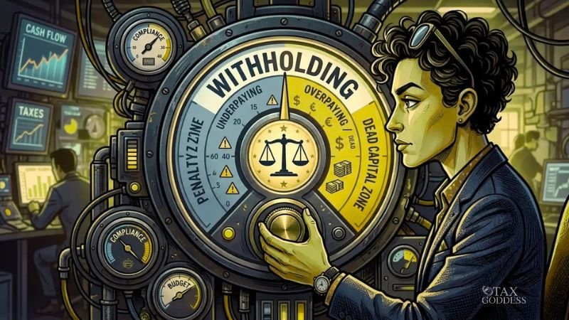 An illustration of a professional woman adjusting a large mechanical gauge labeled "WITHHOLDING," which balances between a blue "PENALTY ZONE" for "UNDERPAYING" and a yellow "DEAD CAPITAL ZONE" for "OVERPAYING." Background monitors display "CASH FLOW" and "TAXES" alongside smaller "COMPLIANCE" and "BUDGET" meters. The Tax Goddess logo is in the bottom right corner.