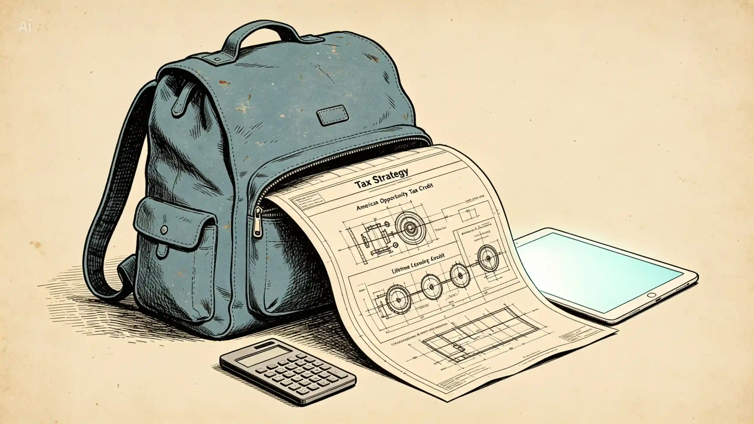 An illustration of a blue backpack with a large document resembling a blueprint unrolling from its zipper. The document is prominently titled "Tax Strategy" and features sections labeled "American Opportunity Tax Credit" and "Lifetime Learning Credit" alongside schematic drawings. A calculator and a tablet rest on the table next to the blueprint.