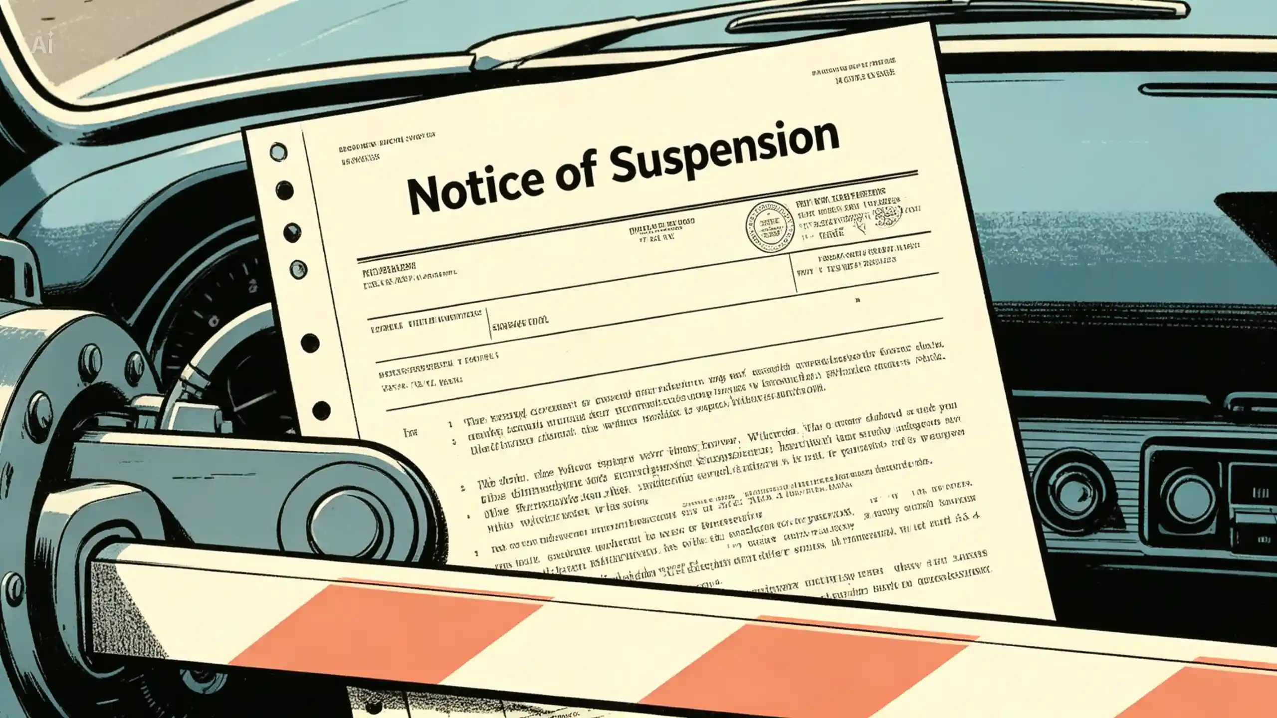 A stylized illustration from inside a car looking out the windshield. A formal document titled "Notice of Suspension" rests near the steering column, while a red and white striped barrier arm blocks the vehicle's path.