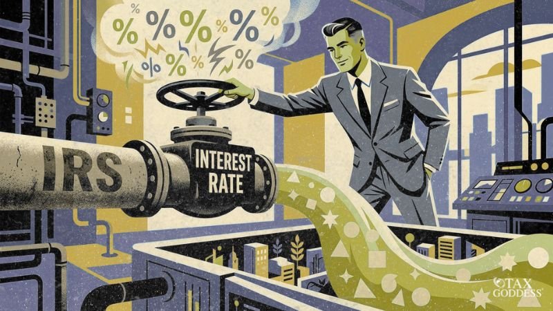A retro-style illustration of a businessman in a suit turning a large industrial valve wheel on a pipe labeled "IRS." The central valve mechanism is labeled "INTEREST RATE," with a steam cloud of percentage signs and lightning bolts rising above it. A glowing green liquid flows from the pipe into a container holding a miniature city. The Tax Goddess logo is in the bottom right corner.