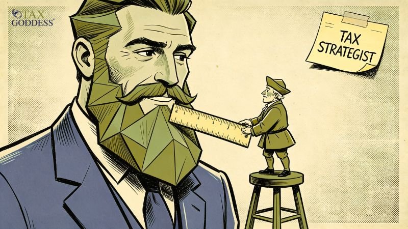 An illustration depicting a historical beard tax, showing a small tax collector in 18th-century clothing standing on a stool to measure a man's large, geometric green beard with a ruler. A yellow sticky note in the corner reads "TAX STRATEGIST".