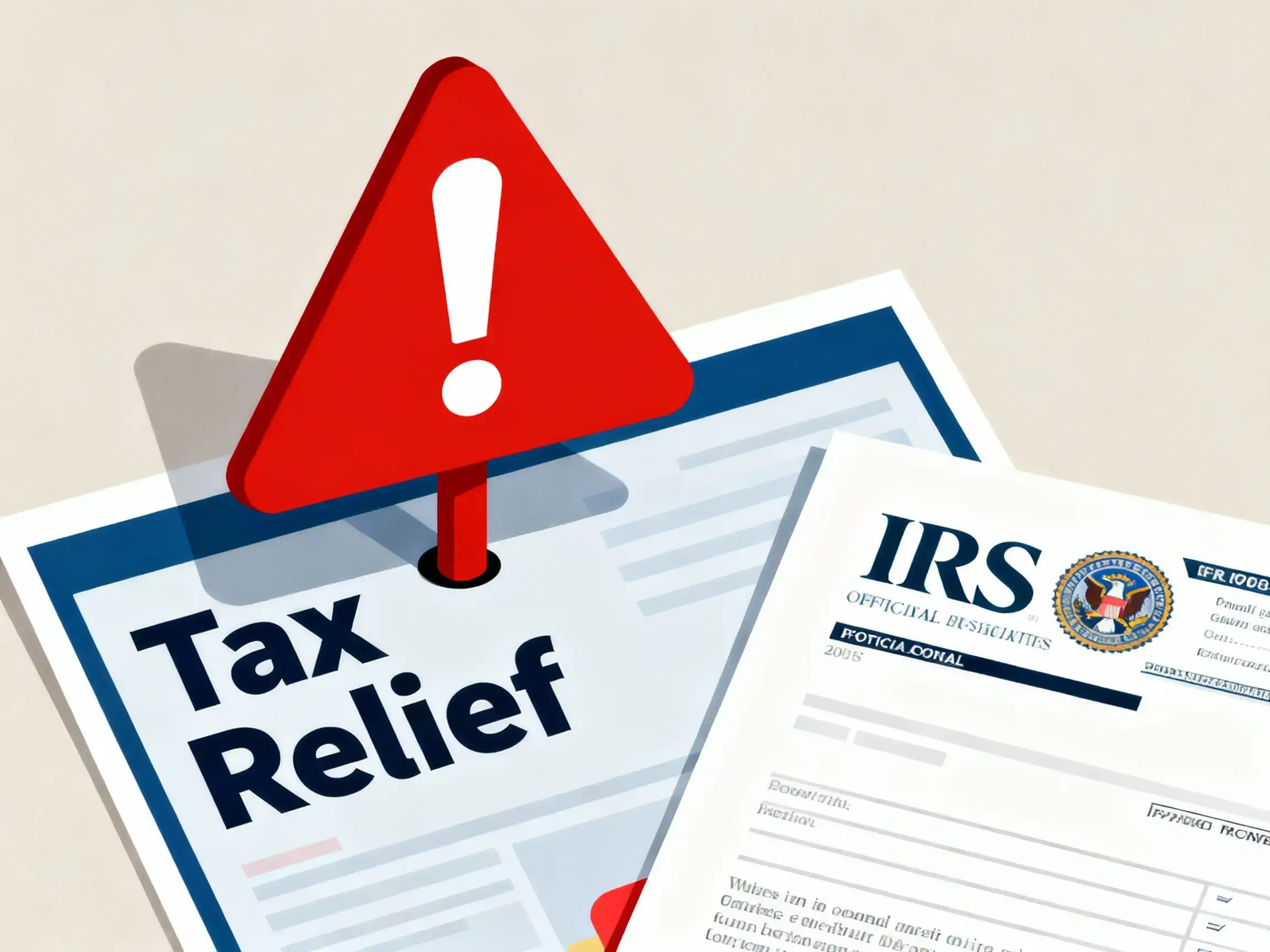 An illustration of a red warning sign over a "Tax Relief" advertisement, placed next to official IRS documents, symbolizing the need to distinguish between fraudulent promises and legitimate government programs.