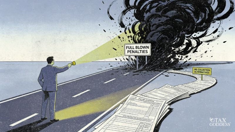 An illustration of a man in a suit standing on a road, shining a flashlight toward a large explosion of black smoke labeled "FULL BLOWN PENALTIES." A side exit path made of tax forms leads toward a small yellow sign that reads "IRS COLLECTION ALTERNATIVES."