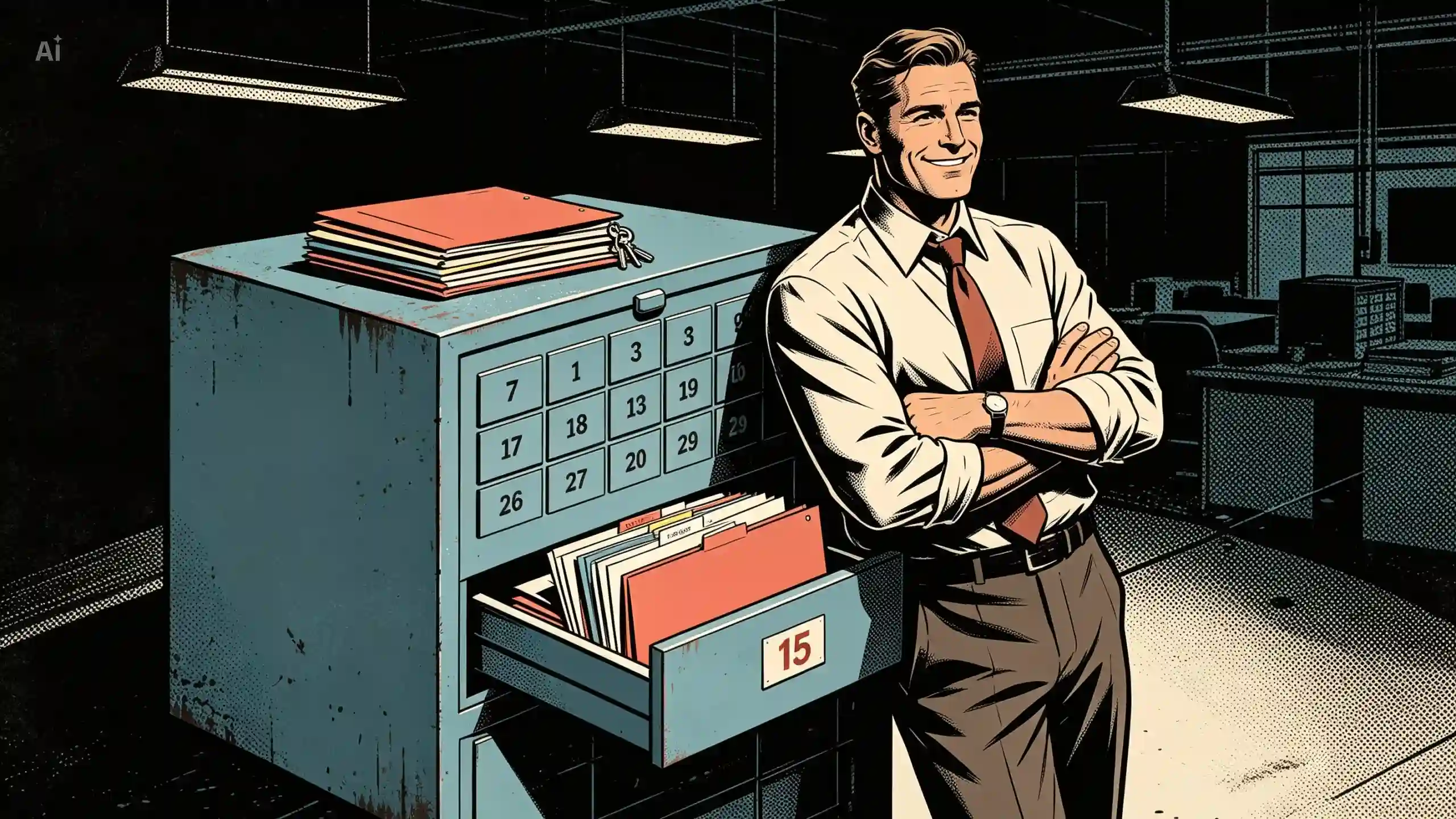 A stylized comic-book illustration of a smiling businessman with crossed arms leaning against a large blue filing cabinet in a dimly lit office. The cabinet features a calendar grid on its side, and an open drawer labeled "15" reveals several file folders.