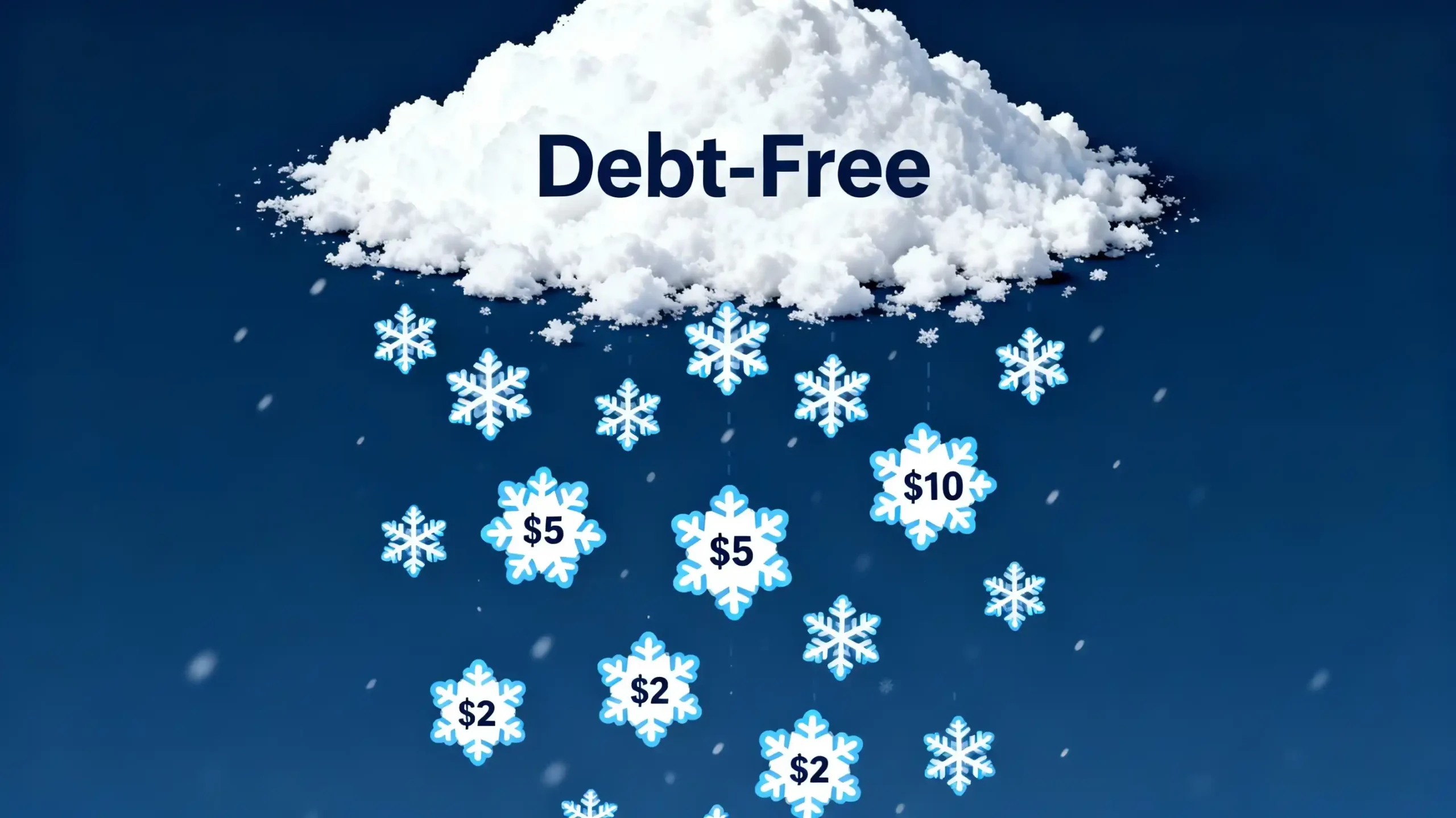 An infographic showing small, individual snowflakes (labeled with amounts like $2, $5, and $10) merging into a large snowdrift labeled "Debt-Free," illustrating how micro-savings accumulate to pay off large balances.