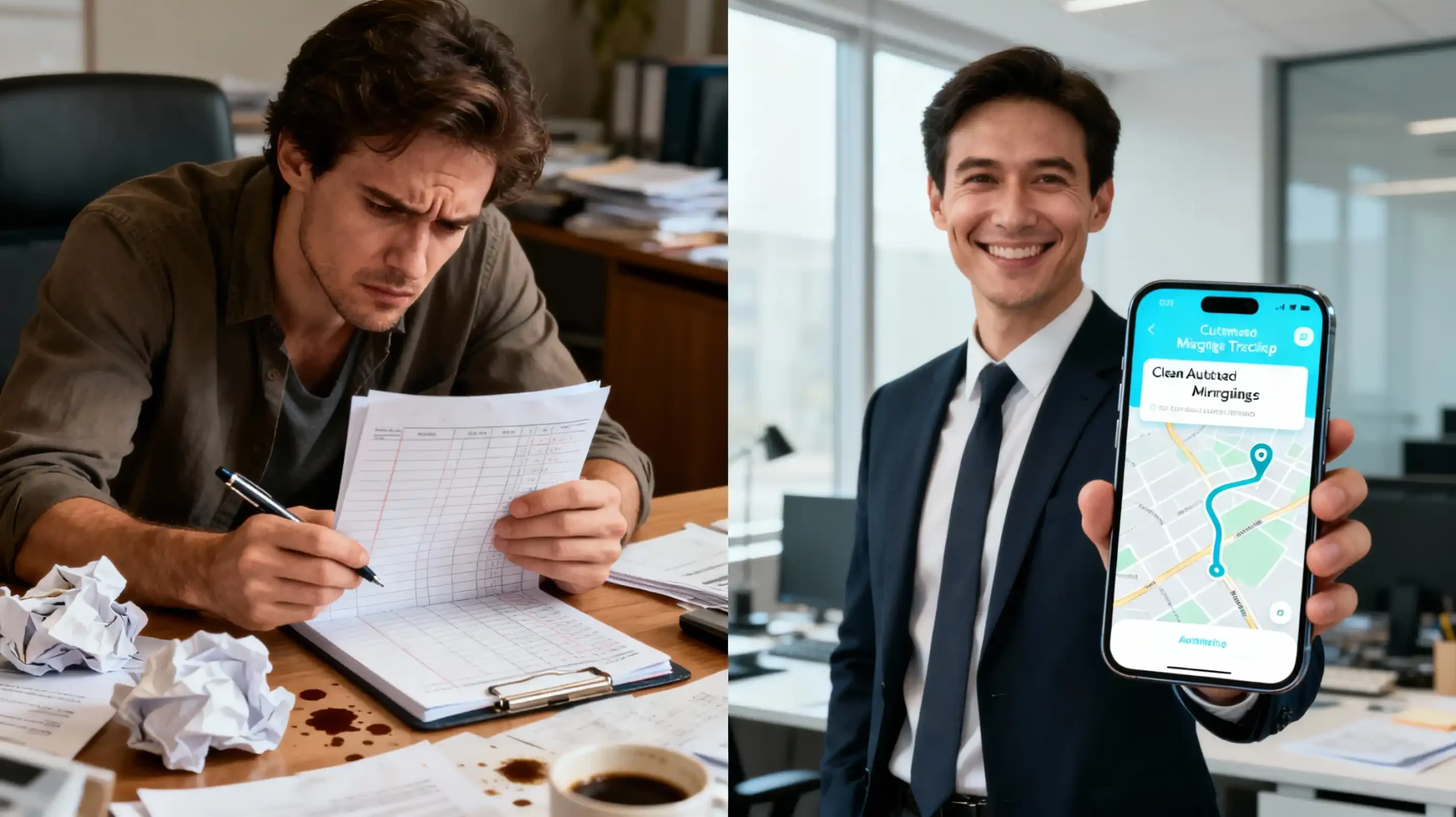 A split screen image: on one side, a frustrated person struggling with a messy paper logbook and a pen; on the other side, a smiling professional holding a smartphone displaying a clean, automated mileage tracking app interface with a GPS map.