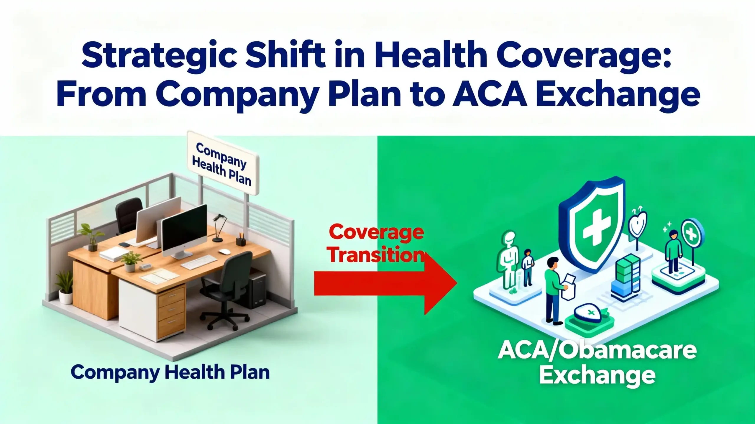 A graphic showing a clear division between a small business office (representing the employer) and an infographic of the ACA/Obamacare exchange marketplace, with a bold red arrow pointing from the company plan to the exchange, symbolizing a strategic shift in coverage.