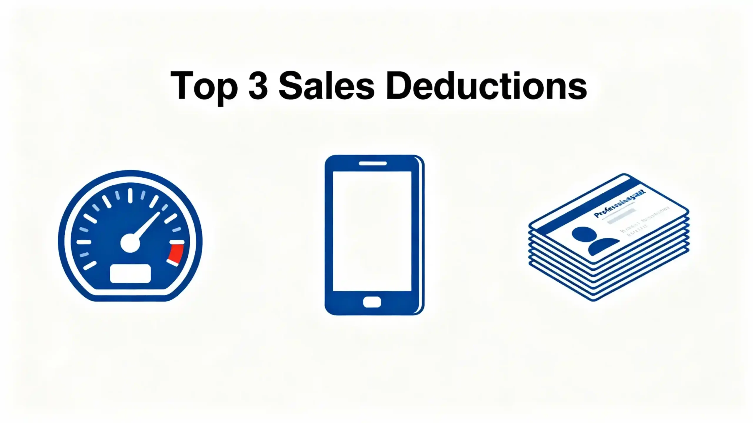 An infographic with three distinct icons: a car odometer or map (for mileage), a modern tablet/smartphone (for equipment), and a stack of professional magazines/membership cards (for dues). The title reads "Top 3 Sales Deductions."