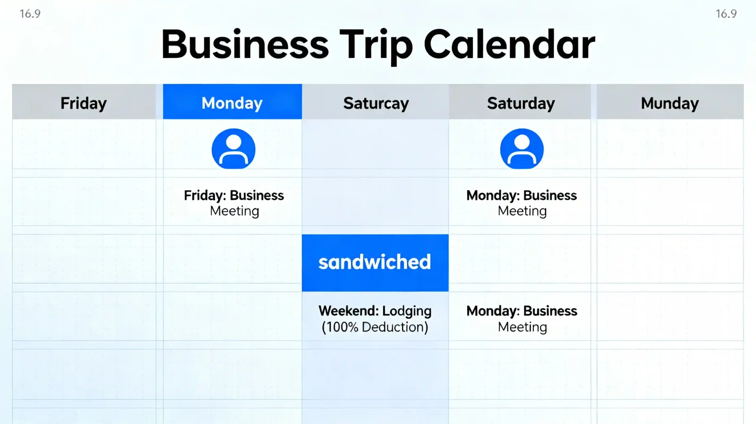 An infographic showing a "Business Trip Calendar" where Friday and Monday are marked as business meetings, and the weekend is "sandwiched" to show lodging as a 100% deduction.