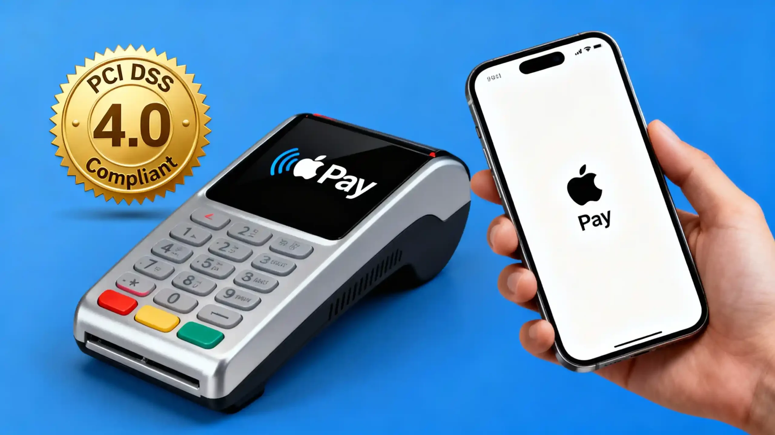 A professional infographic showing a "PCI DSS 4.0 Compliant" seal next to a modern contactless payment terminal accepting an Apple Pay transaction, illustrating the integration of security and convenience.