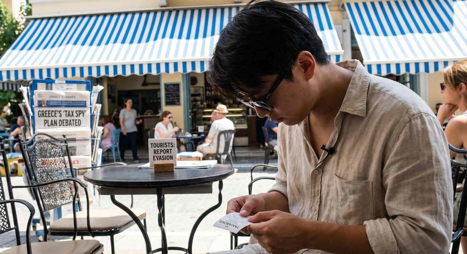 A person sitting at a Mediterranean café, wearing sunglasses and a hidden microphone, looking at a receipt from a local business, symbolizing the 2015 Greek plan to use tourists as tax spies.