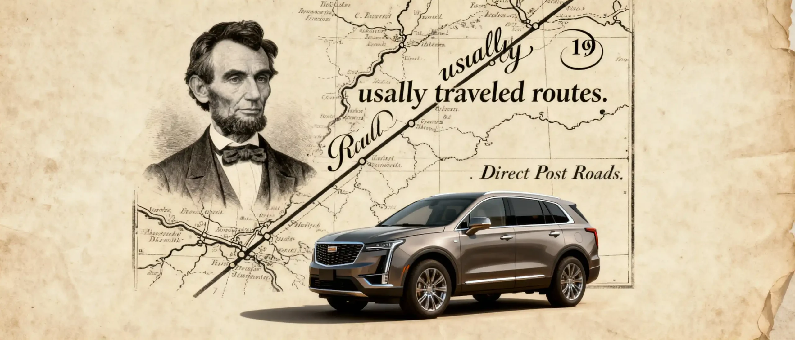 A historical montage featuring a portrait of a young Abraham Lincoln and a modern SUV, with a background of a 19th-century map showing "usually traveled routes" versus direct post roads.