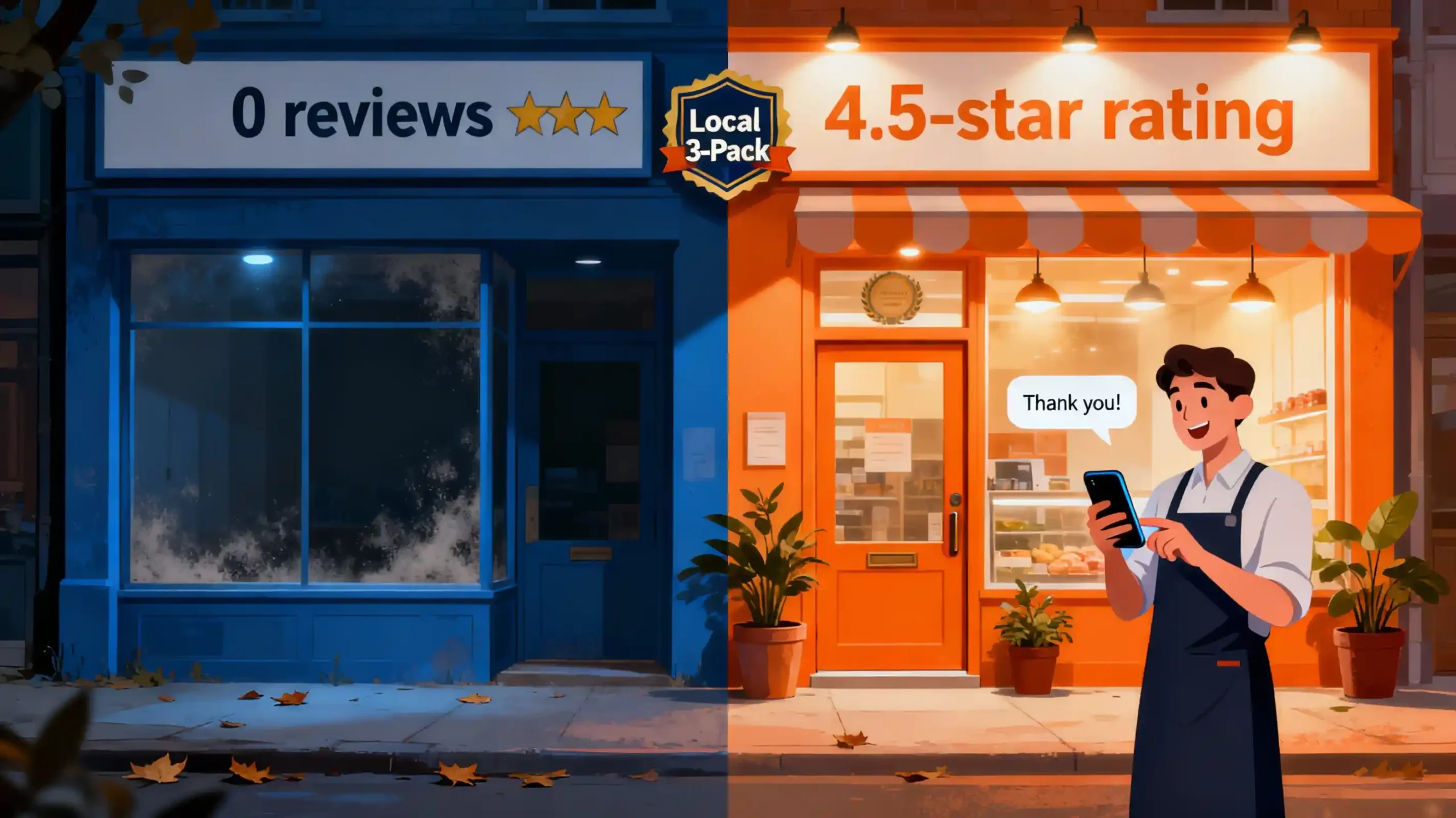 A split-screen illustration: one side shows a business with 0 reviews and an "empty storefront" vibe; the other side shows a business with a 4.5-star rating, a "Local 3-Pack" placement, and a manager replying to a customer on a smartphone.
