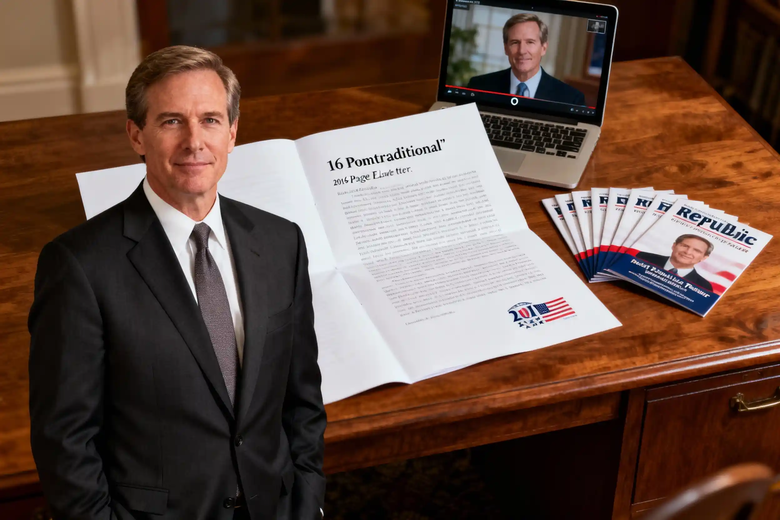 A professional campaign photograph of Mark Everson, with his 16-page open letter and video launch materials in the background, symbolizing his "nontraditional" approach to the 2016 Republican primary