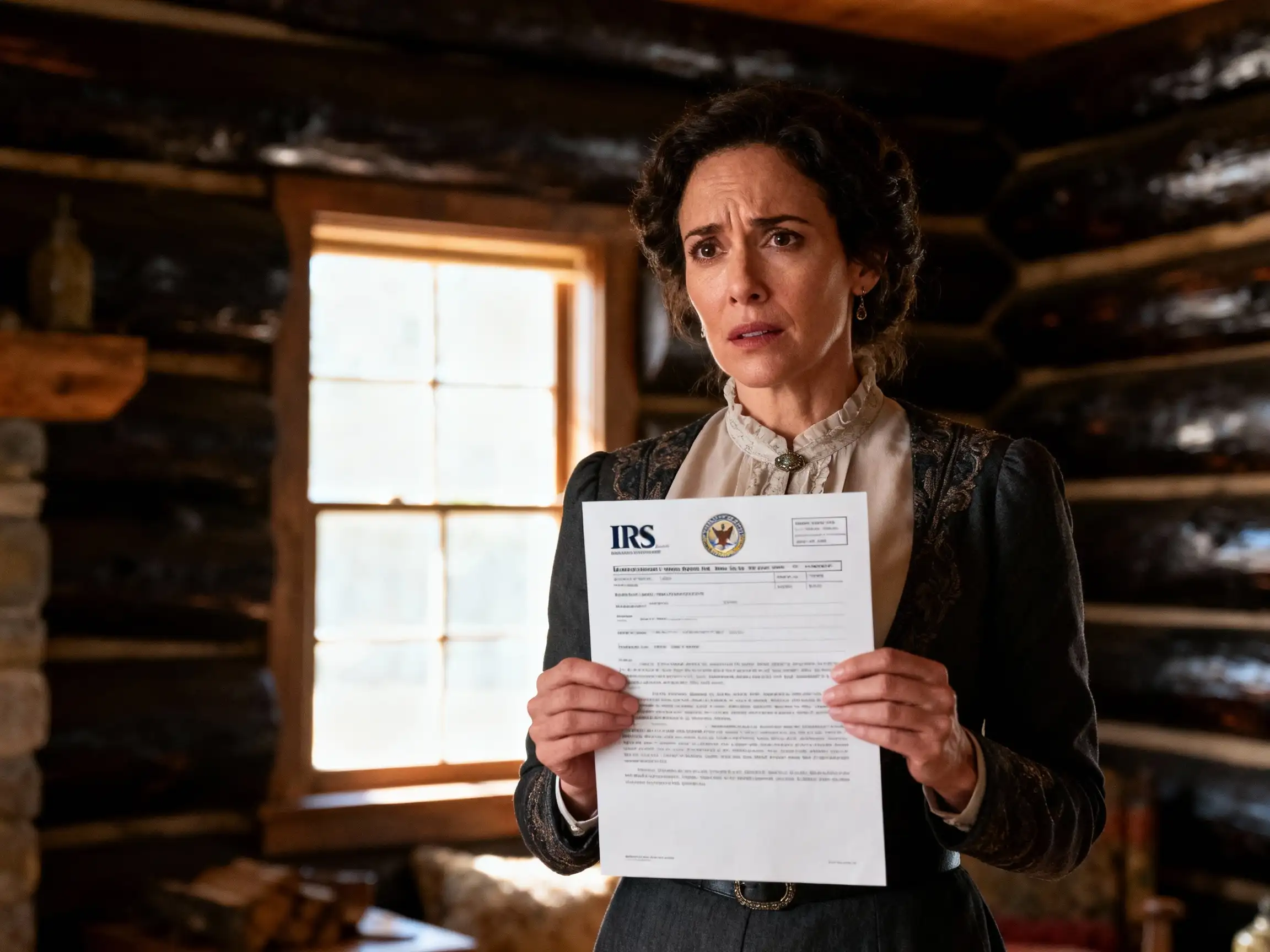 Distressed pioneer woman in 19th-century clothing standing inside a rustic log cabin holding a modern IRS tax notice document.