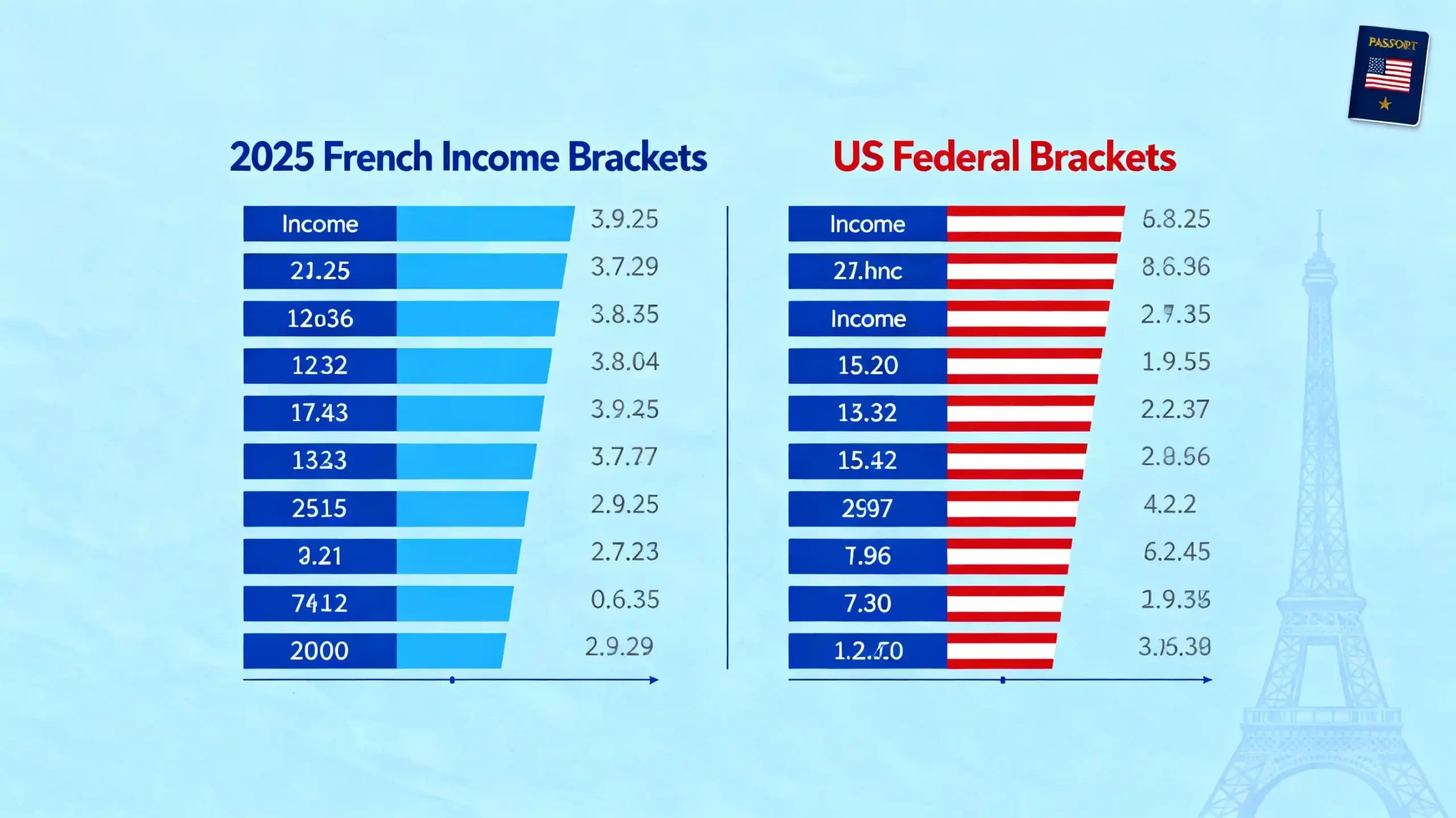 A comparison infographic showing the "2025 French Income Brackets" vs. "US Federal Brackets," with a background of the Eiffel Tower and an American passport.