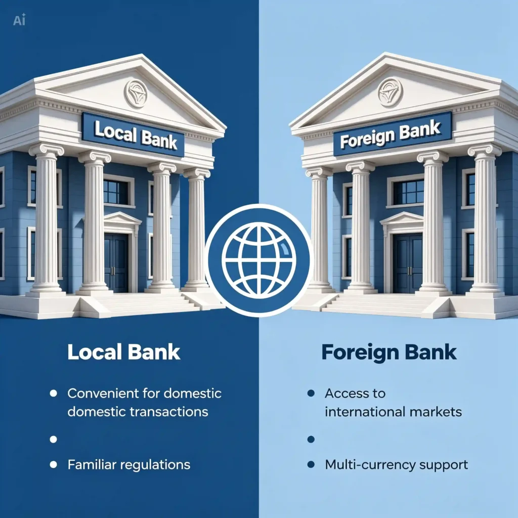 A side-by-side infographic comparing a "Local Bank" and a "Foreign Bank." The left side features a dark blue background with a classical bank building and lists benefits: "Convenient for domestic domestic transactions" and "Familiar regulations." The right side features a light blue background with an identical bank building and lists benefits: "Access to international markets" and "Multi-currency support." A globe icon connects the two sides in the center.