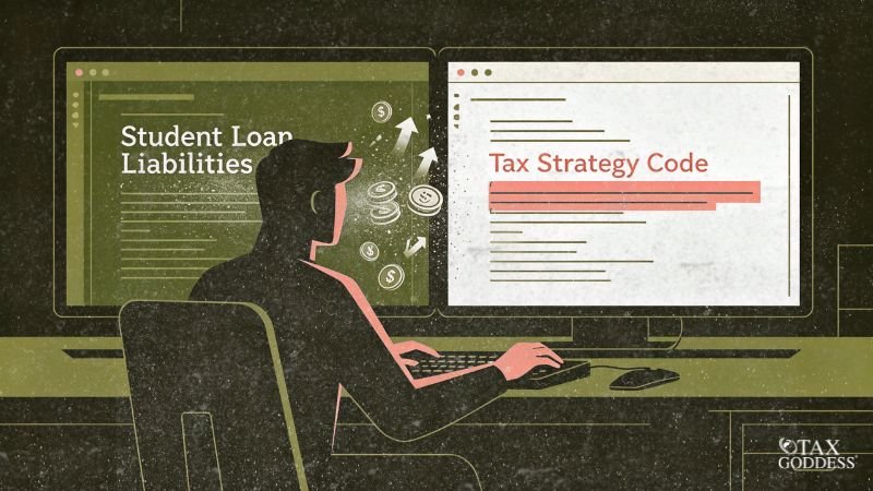 A stylized editorial illustration with a textured green and black background showing a man sitting at a desk typing on a keyboard. He faces a dual-monitor setup; the left screen displays the text "Student Loan Liabilities" alongside dollar coins and upward arrows, while the right screen displays the header "Tax Strategy Code" with highlighted red lines of text. A "Tax Goddess" logo is visible in the bottom right corner.