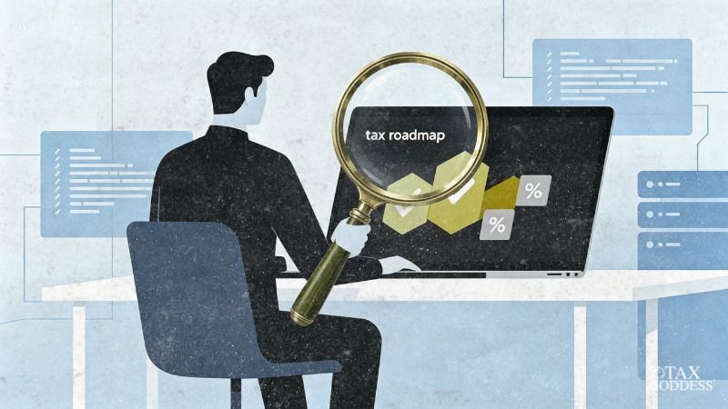 A stylized editorial illustration of a man sitting at a desk looking at a computer screen through a large magnifying glass. The screen displays data charts with percentage symbols, checkboxes, and the text "tax roadmap." The background features clean, abstract blue UI and data panels.