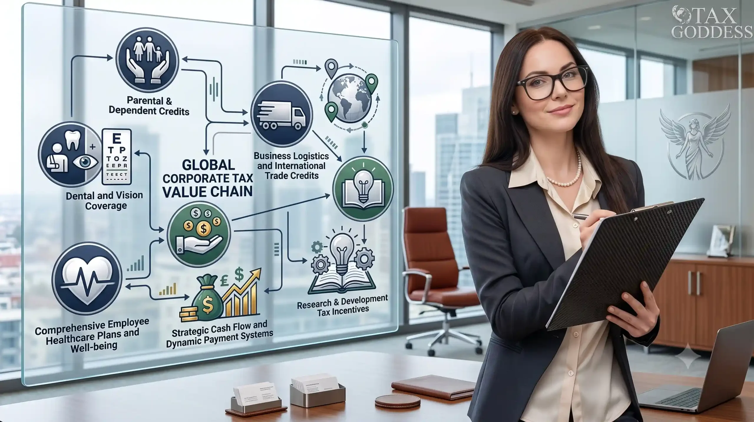 A professional woman in a business suit holding a clipboard stands next to a transparent digital screen displaying a flowchart titled "GLOBAL CORPORATE TAX VALUE CHAIN." The chart features interconnected nodes with icons and text for "Parental & Dependent Credits," "Dental and Vision Coverage," "Comprehensive Employee Healthcare Plans and Well-being," "Strategic Cash Flow and Dynamic Payment Systems," "Research & Development Tax Incentives," and "Business Logistics and International Trade Credits." The Tax Goddess logo appears in the top right corner.