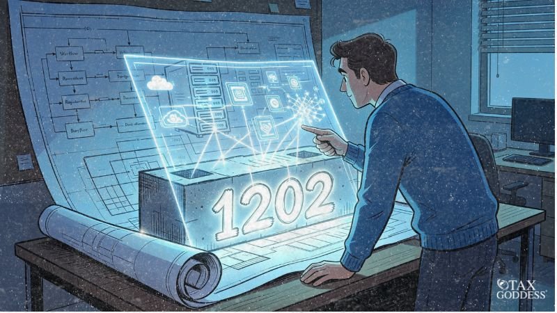 An illustration of a man interacting with a glowing holographic architectural screen displaying a server structure and flowcharts over a large blueprint marked with the number 1202.
