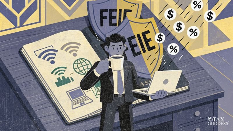An illustration of a businessman drinking coffee and holding a laptop at a desk. Behind him is an open book showing remote work icons like Wi-Fi symbols, laptops, and a globe, shielded by two shields featuring the acronym "FEIE" from falling dollar signs and percentage symbols.