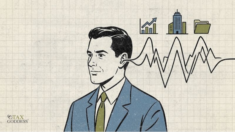 An illustration of a man in a blue suit and green tie on a grid paper background. A wavy line extends from his ear, resembling an audio frequency or data line, with small icons above it depicting a growth chart, a corporate building, and a file folder. The Tax Goddess logo is in the bottom left corner.