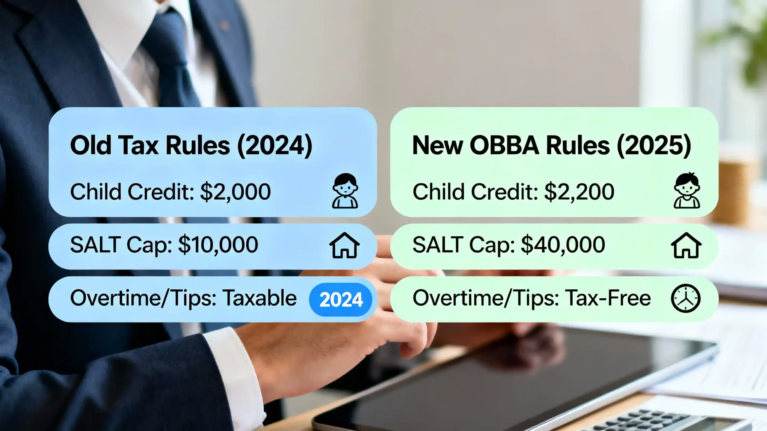An infographic comparing the "Old Tax Rules" (2024) to the "New OBBBA Rules" (2025), highlighting the $2,200 child credit, $40k SALT cap, and tax-free overtime/tips.
