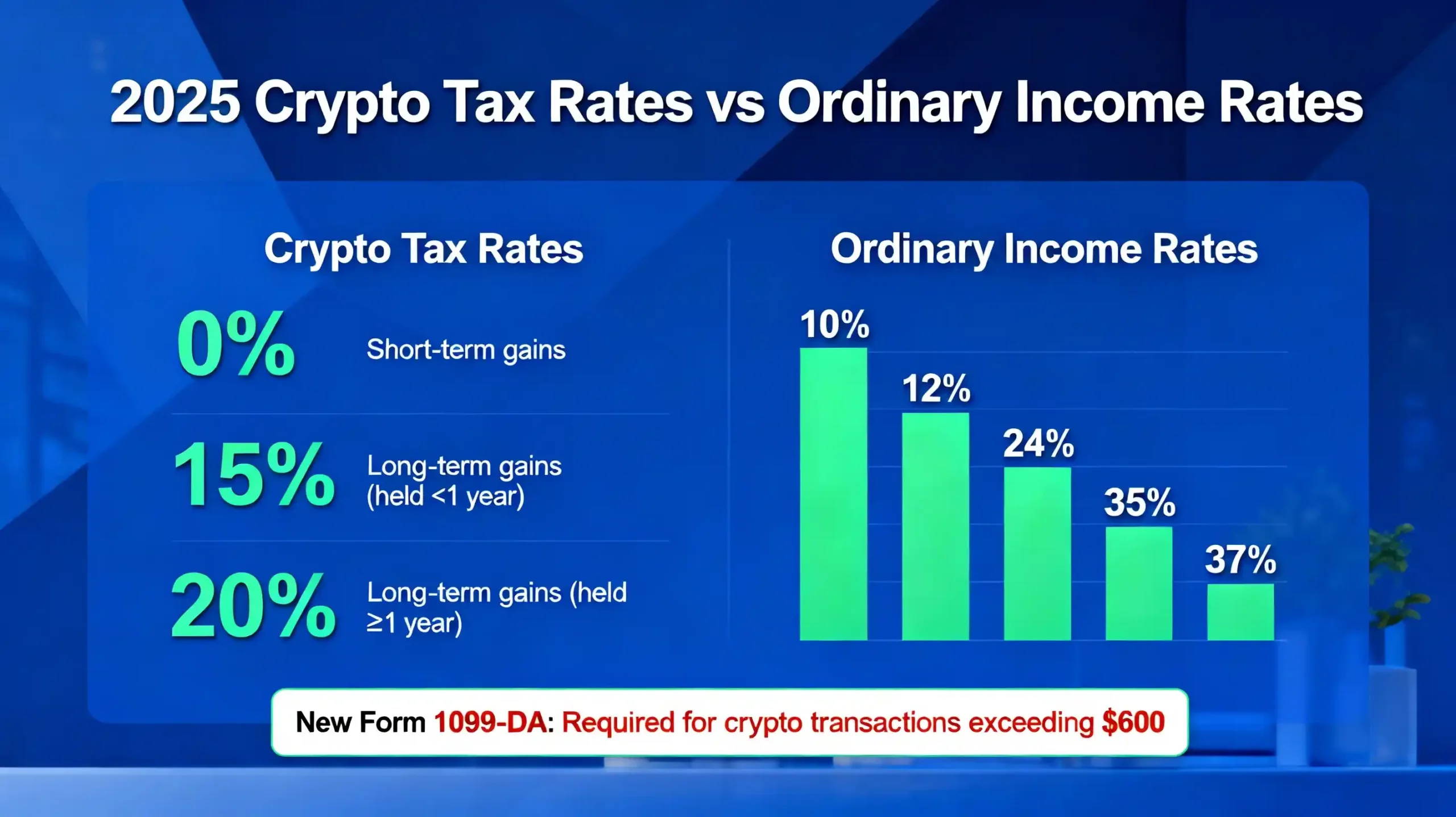 An infographic showing the "2025 Crypto Tax Rates" (0%, 15%, 20%) vs "Ordinary Income Rates," with a reminder about the new Form 1099-DA.