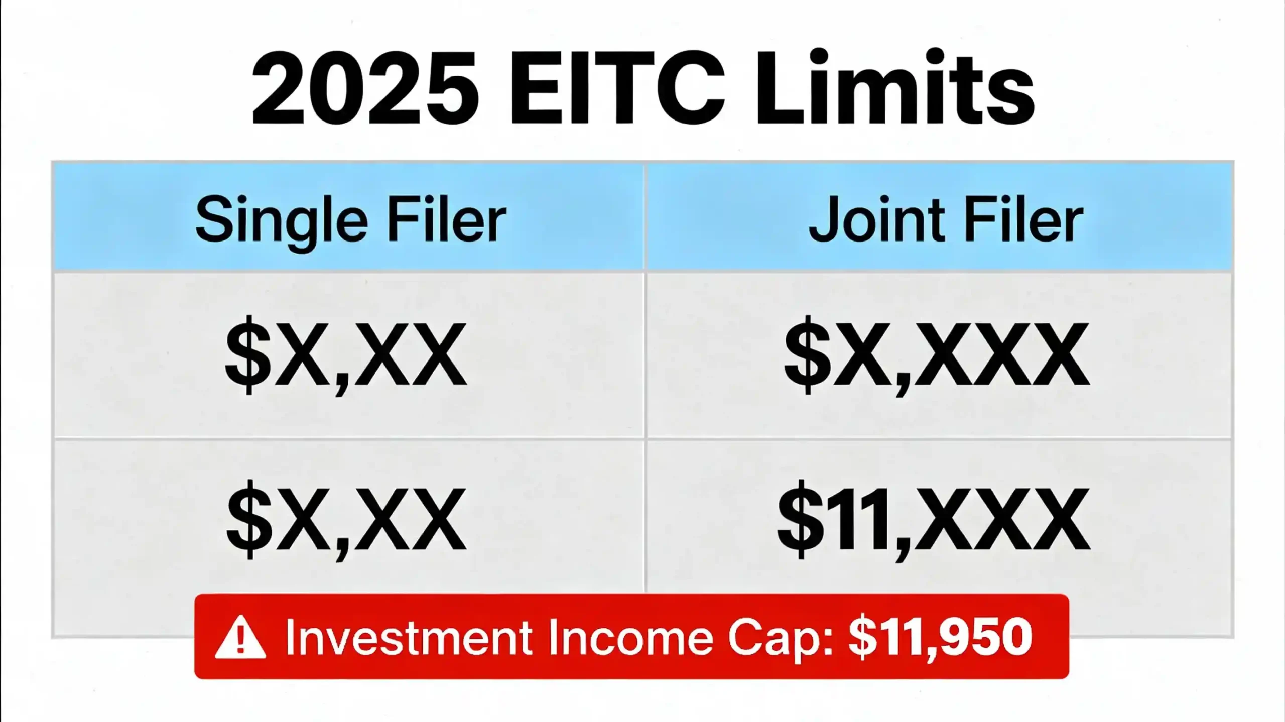 An infographic showing the "2025 EITC Limits" for single and joint filers, with a reminder about the $11,950 investment income cap.