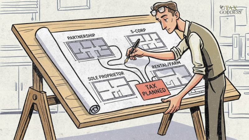 An illustration of a man with glasses on his head drafting on a large blueprint table. The blueprint displays floor plans labeled PARTNERSHIP, S-CORP, SOLE PROPRIETOR, and RENTAL/FARM, all connecting to a central red block labeled TAX PLANNED. The Tax Goddess logo is visible in the top right corner.