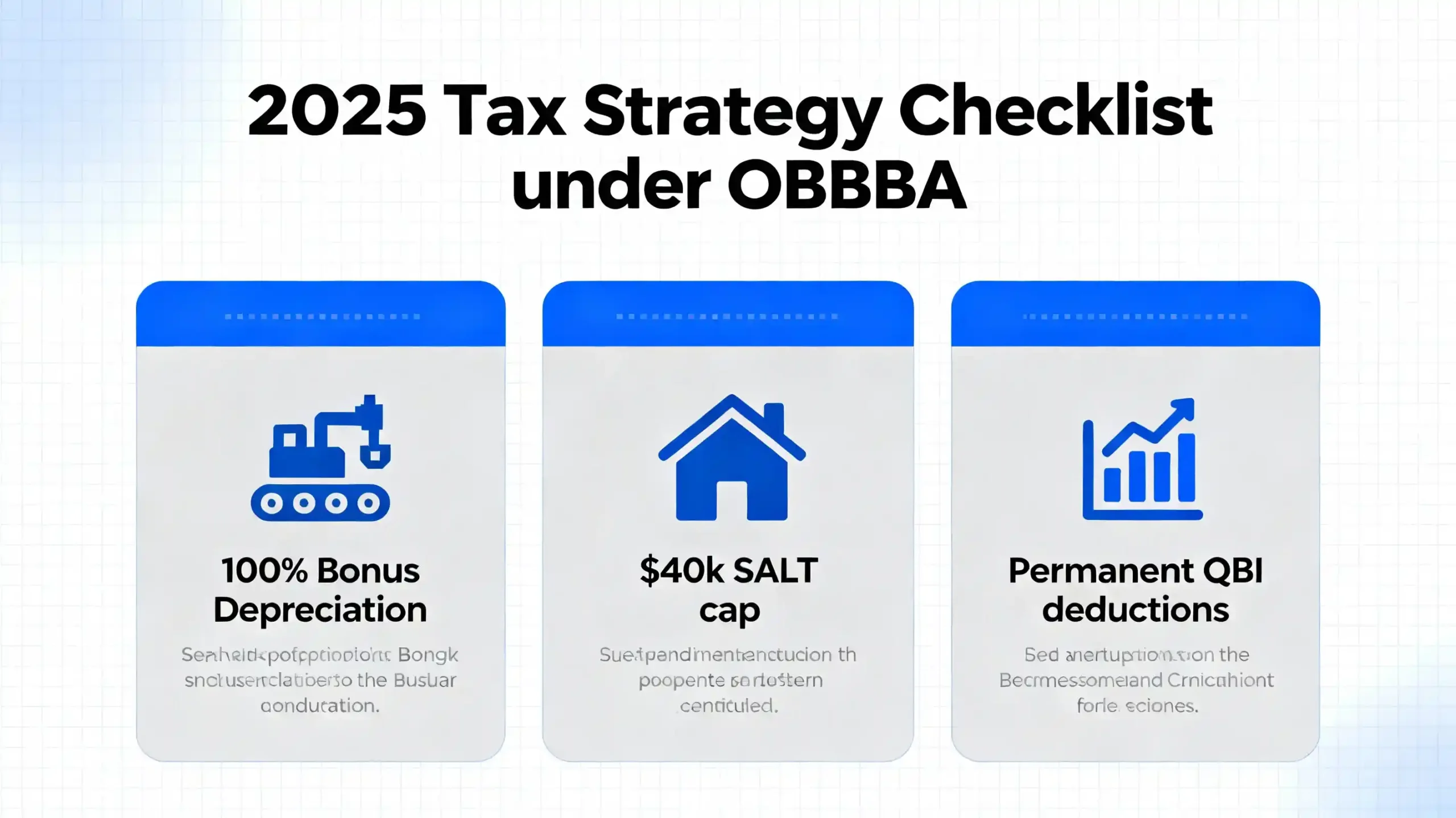 An infographic showing the "2025 Tax Strategy Checklist" under the OBBBA, featuring 100% Bonus Depreciation, the $40k SALT cap, and Permanent QBI deductions.