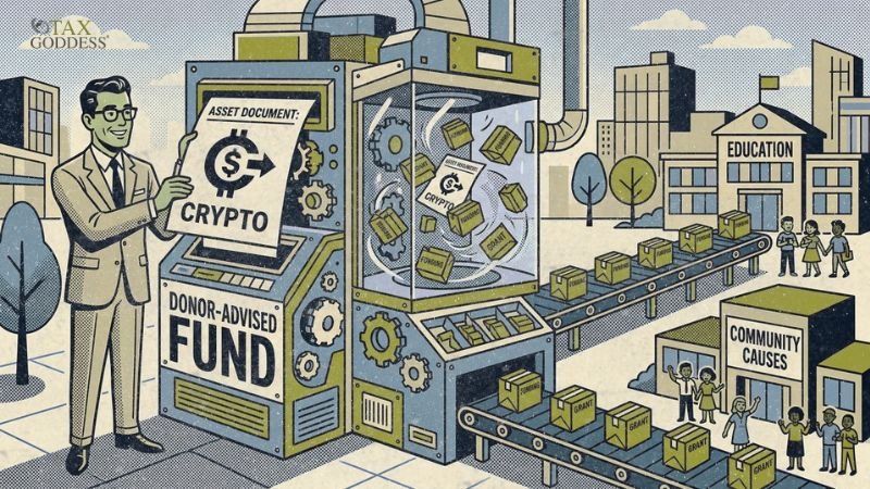 An illustration of a man in a beige suit inserting an ASSET DOCUMENT: CRYPTO into a large machine labeled DONOR-ADVISED FUND, which processes it into funding and grant boxes delivered to EDUCATION and COMMUNITY CAUSES buildings. The Tax Goddess logo is in the top left corner.
